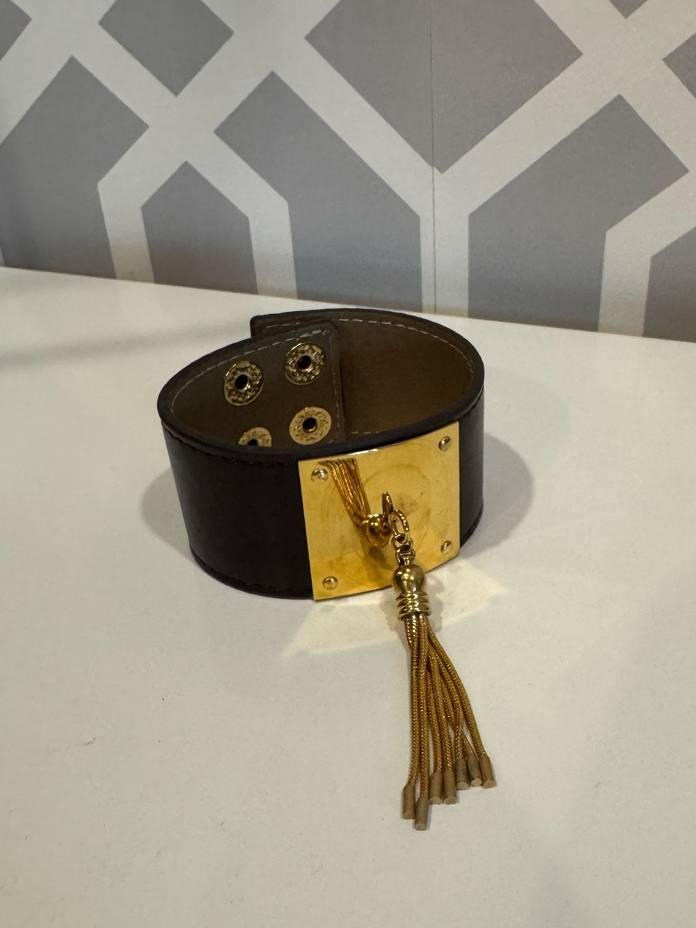 Leather Tassel Cuff Bracelet in Dark Brown with Gold Plate